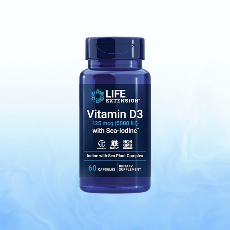 🌞 Vitamina D3 125 mcg (5000 IU) con Sea Iodine – Life Extension (60 cápsulas)