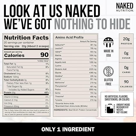 Naked Bone Broth - Caldo de Hueso de Res 100% Puro en Polvo 440g | Sin Sabor | Proteína Natural | bhorganic