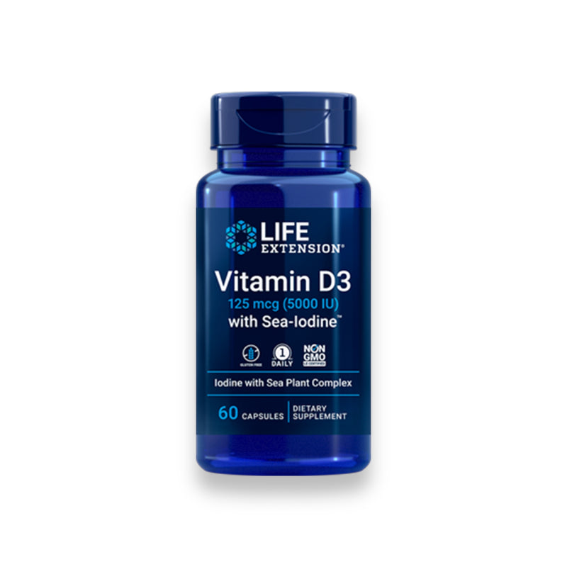 Vitamina D3, 125 mcg (5000 IU) con Yodo Marino 60 Cáps