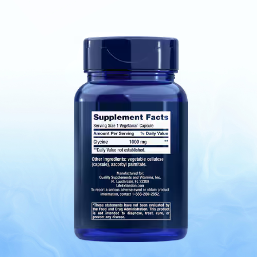 Glycine 1000mg Life Extension - 100 Cápsulas Vegetarianas | Aminoácido Esencial | Descanso Natural | bhorganic