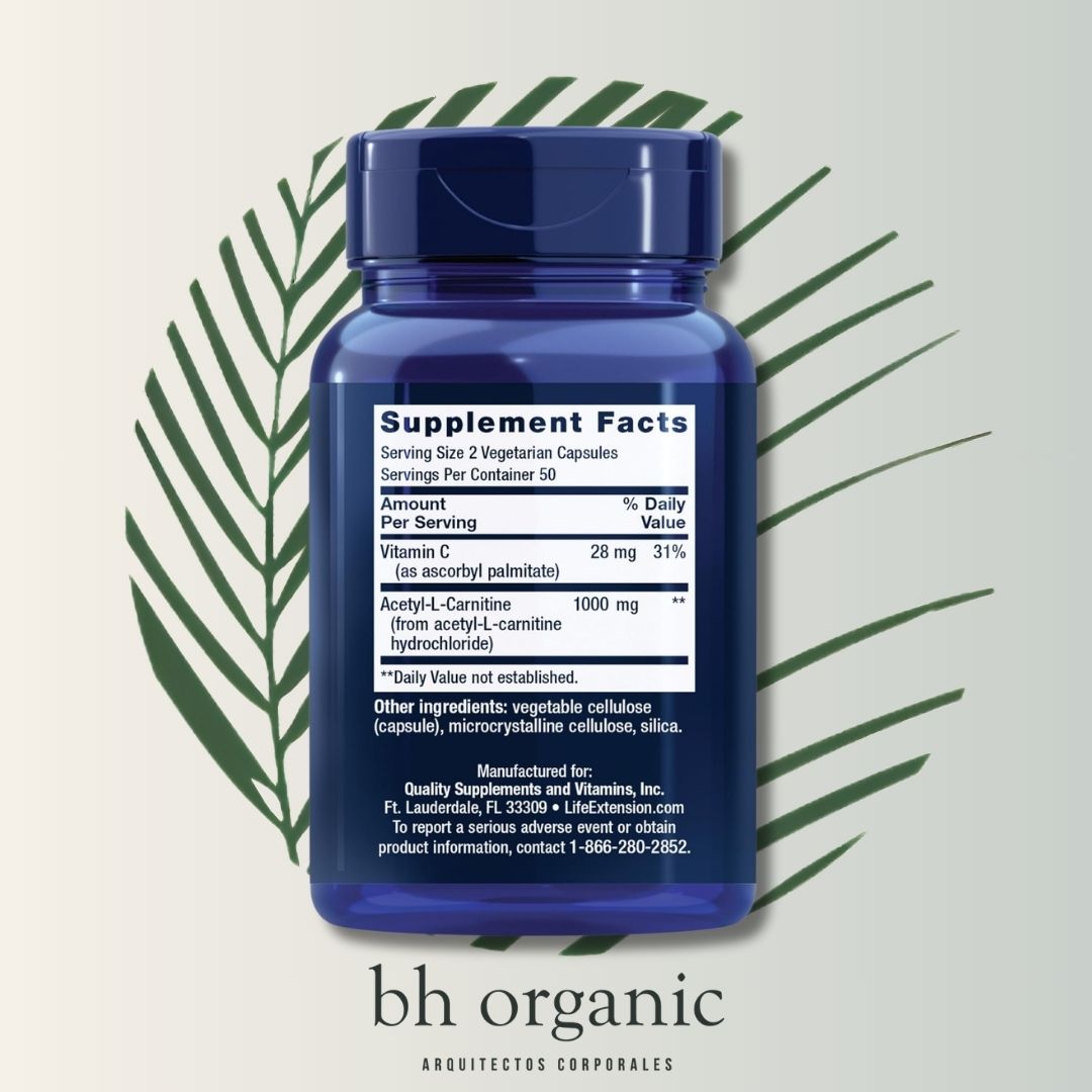 Acetyl L-Carnitine 500mg Life Extension - 100 Cápsulas Vegetales | Energía Mental | Función Cognitiva | bhorganic