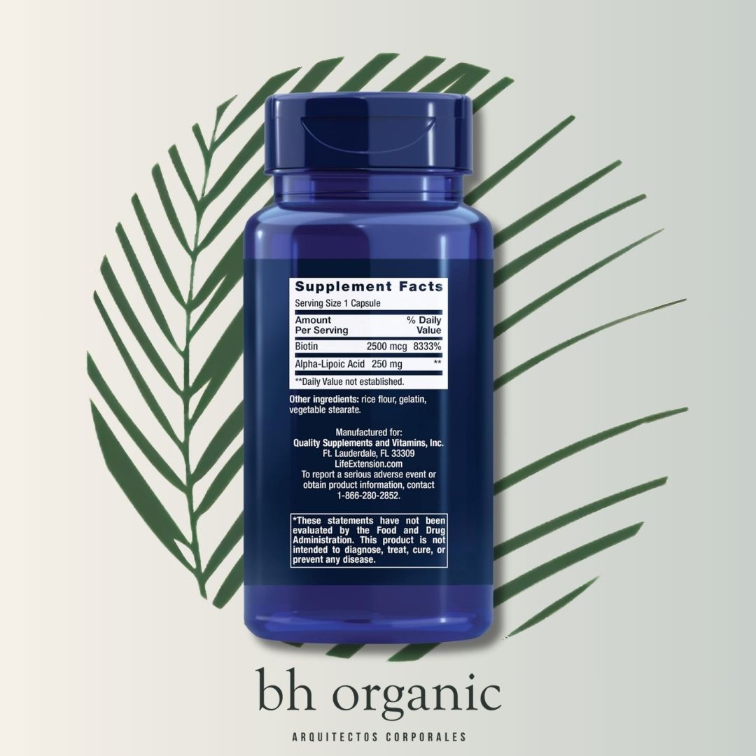 Alpha-Lipoic Acid con Biotina 250mg Life Extension - 100 Cápsulas | Antioxidante | Energía Celular | bhorganic