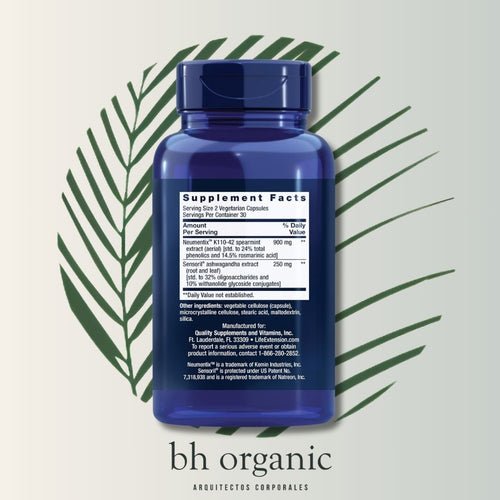 Ashwagandha Plus Life Extension - 60 Cápsulas | Adaptógeno Natural | Manejo del Estrés | bhorganic