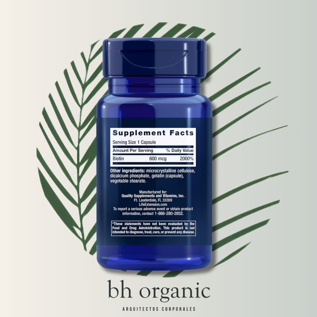 Biotina 600mcg Life Extension - 100 Cápsulas | Cabello y Uñas Saludables | bhorganic