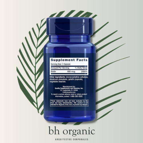 Biotina 600mcg Life Extension - 100 Cápsulas | Cabello y Uñas Saludables | bhorganic