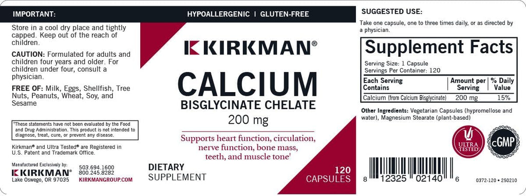 Bisglicinato de Calcio 200mg Kirkman - 120 Cápsulas | Alta Absorción | bhorganic