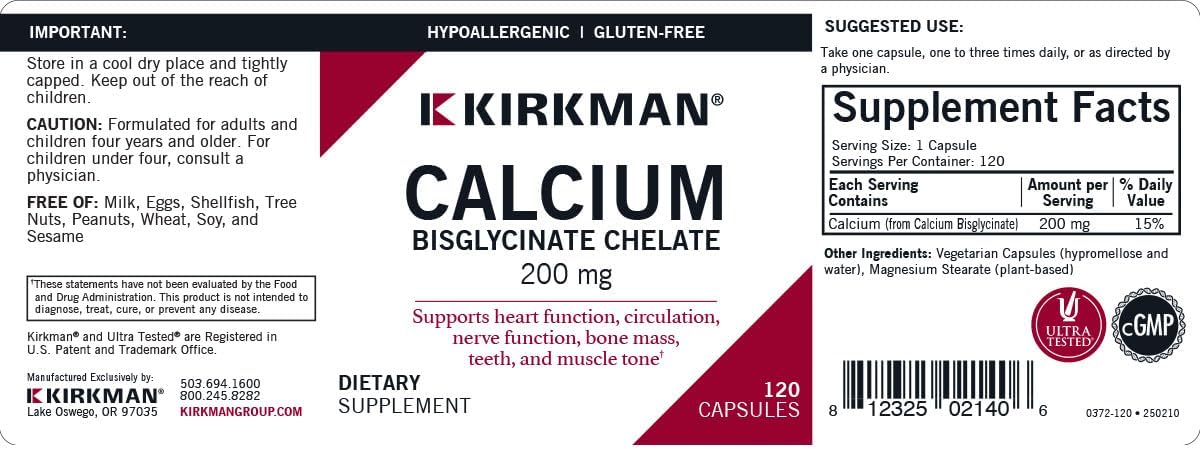 Bisglicinato de Calcio 200mg Kirkman - 120 Cápsulas | Alta Absorción | bhorganic
