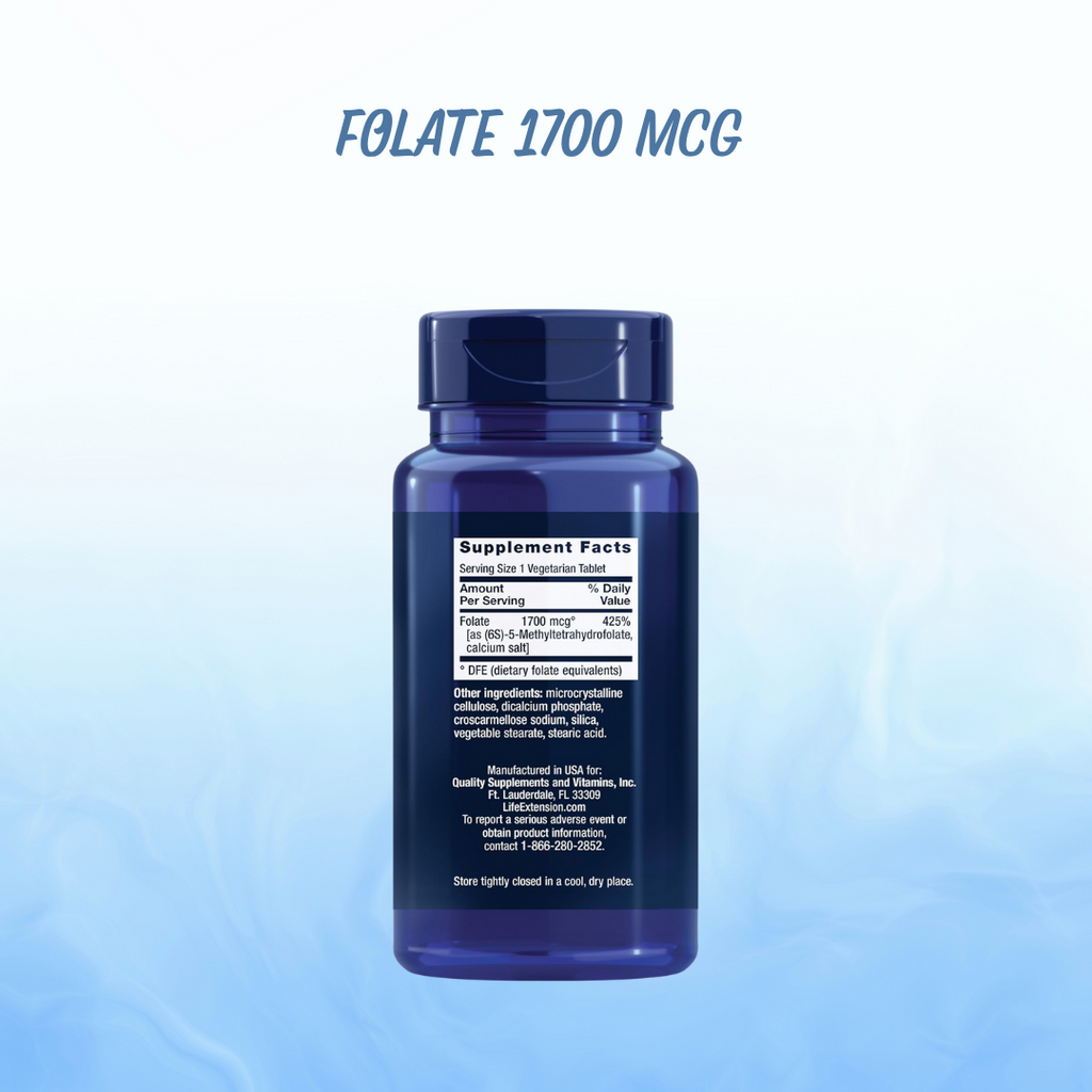 Folate 1700mcg Life Extension - 100 Cápsulas | Ácido Fólico Activo | Salud Cardiovascular | bhorganic