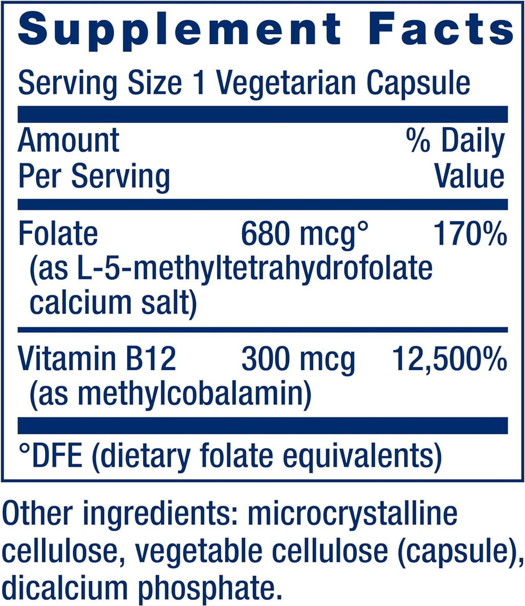 Folato Bioactivo y Vitamina B12 – Life Extension (90 Cápsulas Vegetarianas)