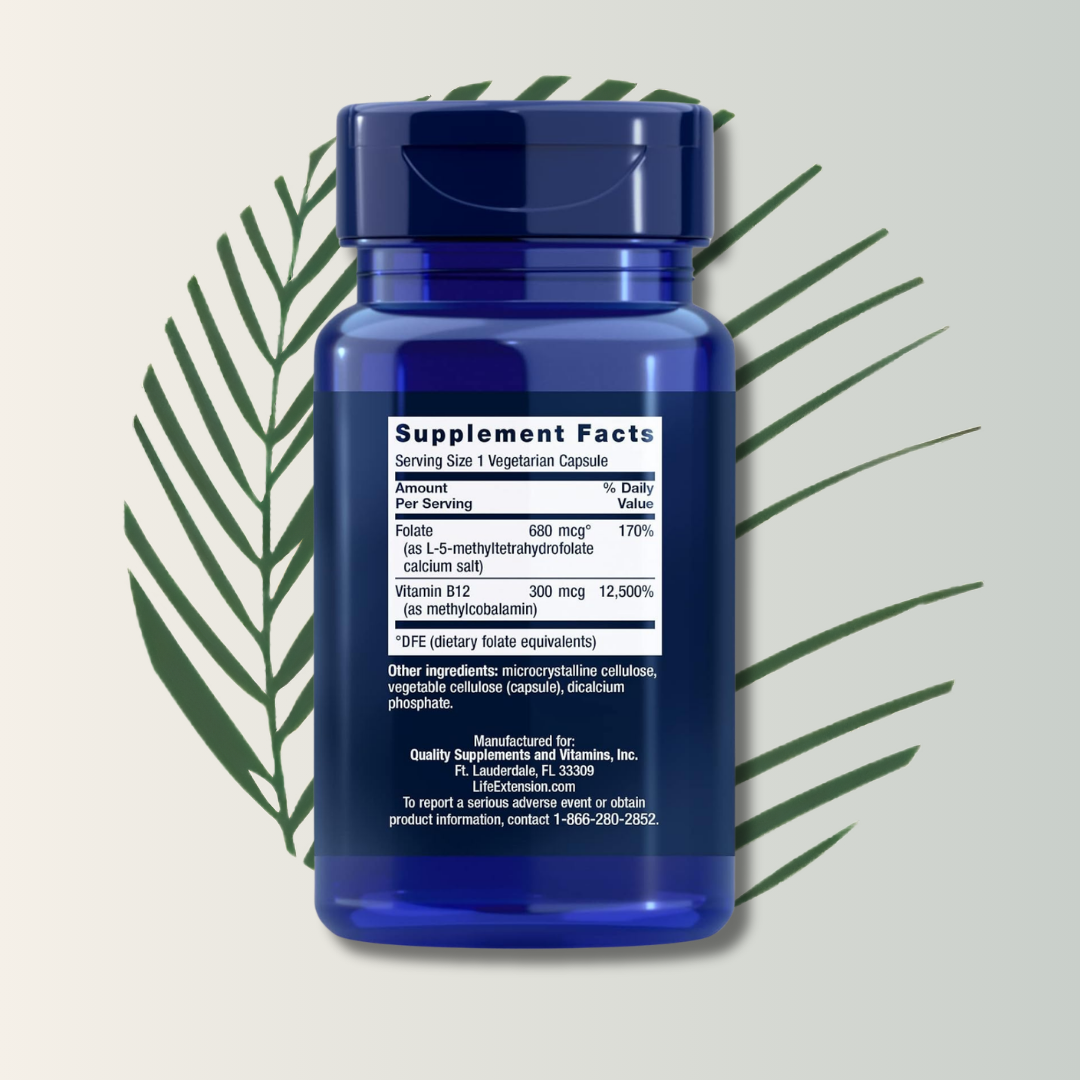 Folato Bioactivo y Vitamina B12 – Life Extension (90 Cápsulas Vegetarianas)