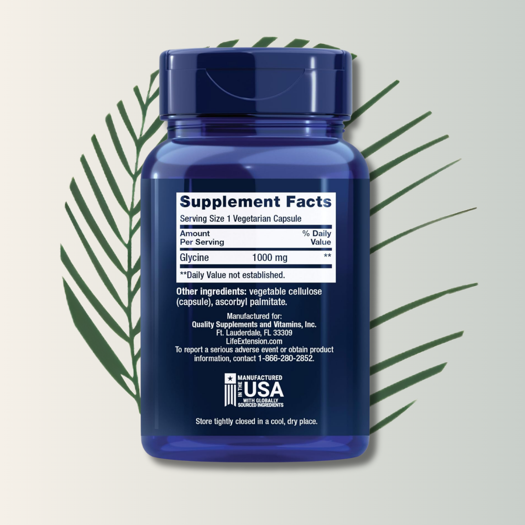 Glycine 1000mg Life Extension - 100 Cápsulas Vegetarianas | Aminoácido Esencial | Descanso Natural | bhorganic
