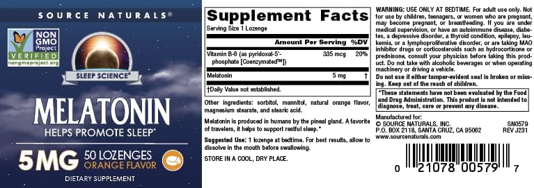 Melatonina 5mg Source Naturals - 50 Pastillas Sabor Naranja | Descanso Natural | bhorganic