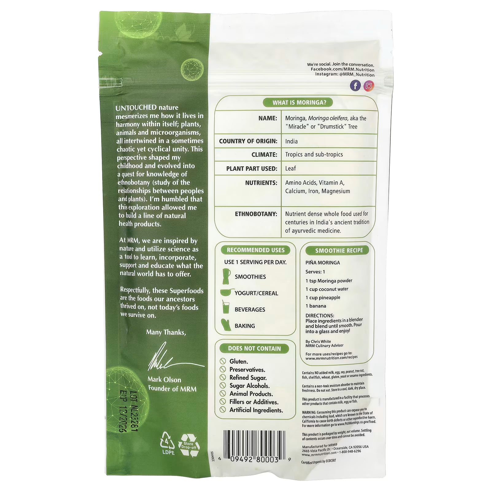 Moringa en Polvo MRM Raw Organic - 8.5 Oz | Superalimento Verde | bhorganic