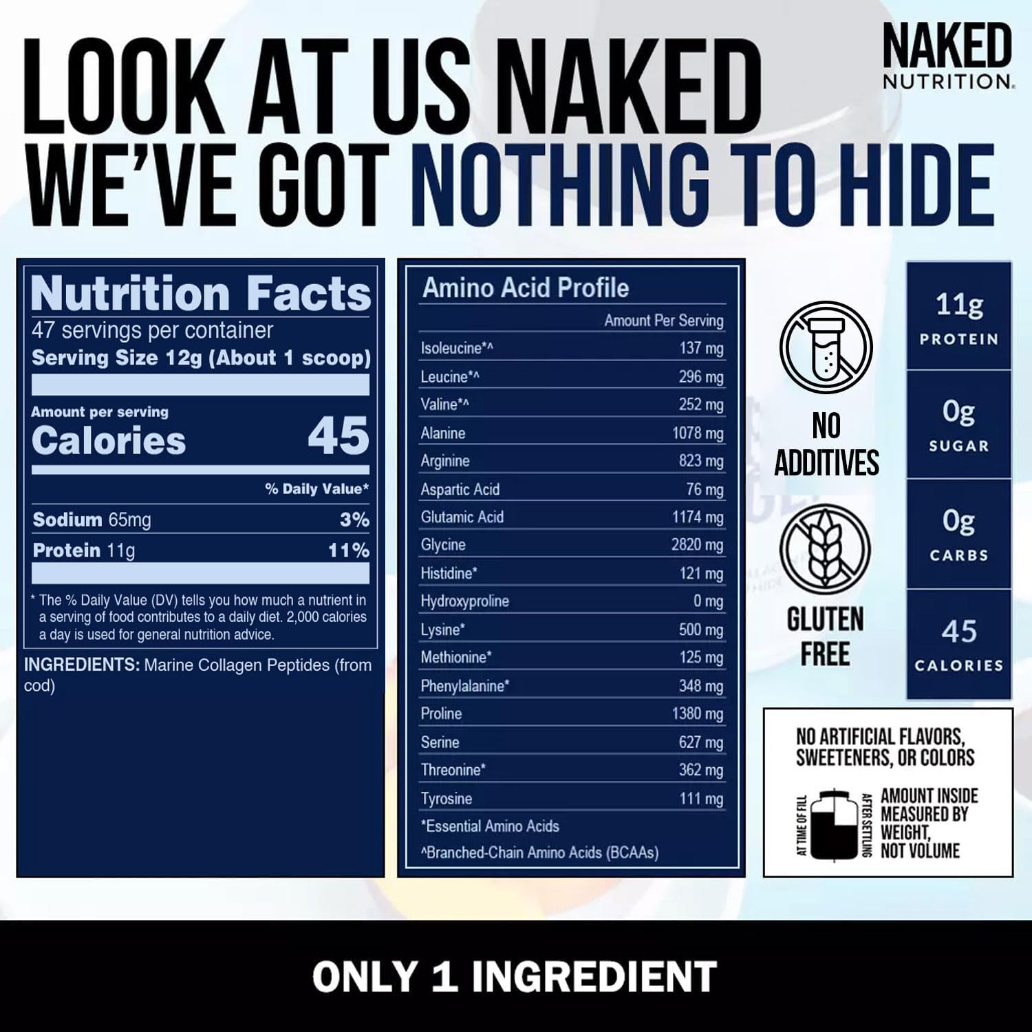 Naked Marine Collagen Péptidos de Colágeno Marino 567g - 47 Porciones | Bacalao Salvaje | bhorganic