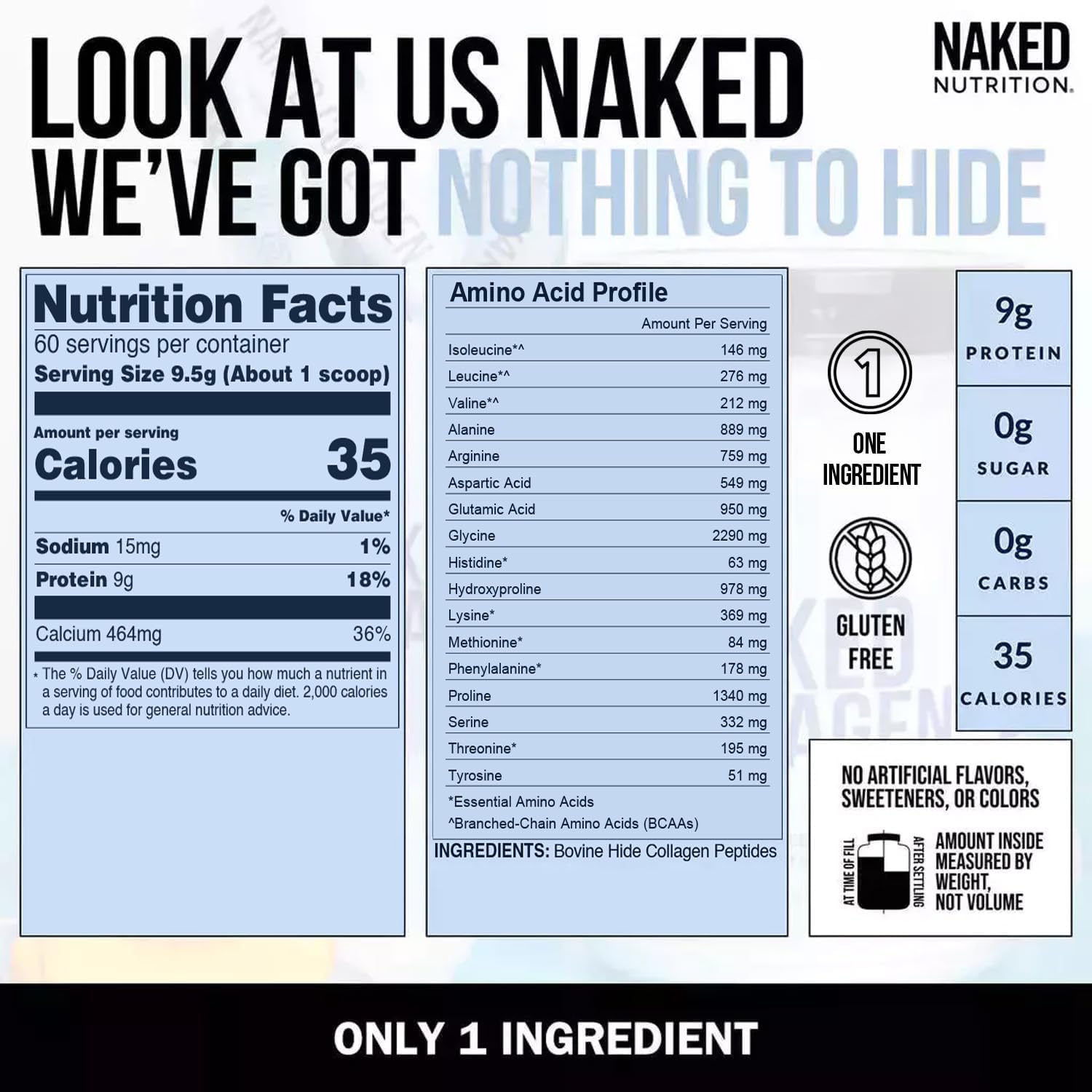 Naked Collagen Péptidos de Colágeno Bovino 567g - 60 Porciones | Sin Sabor | bhorganic