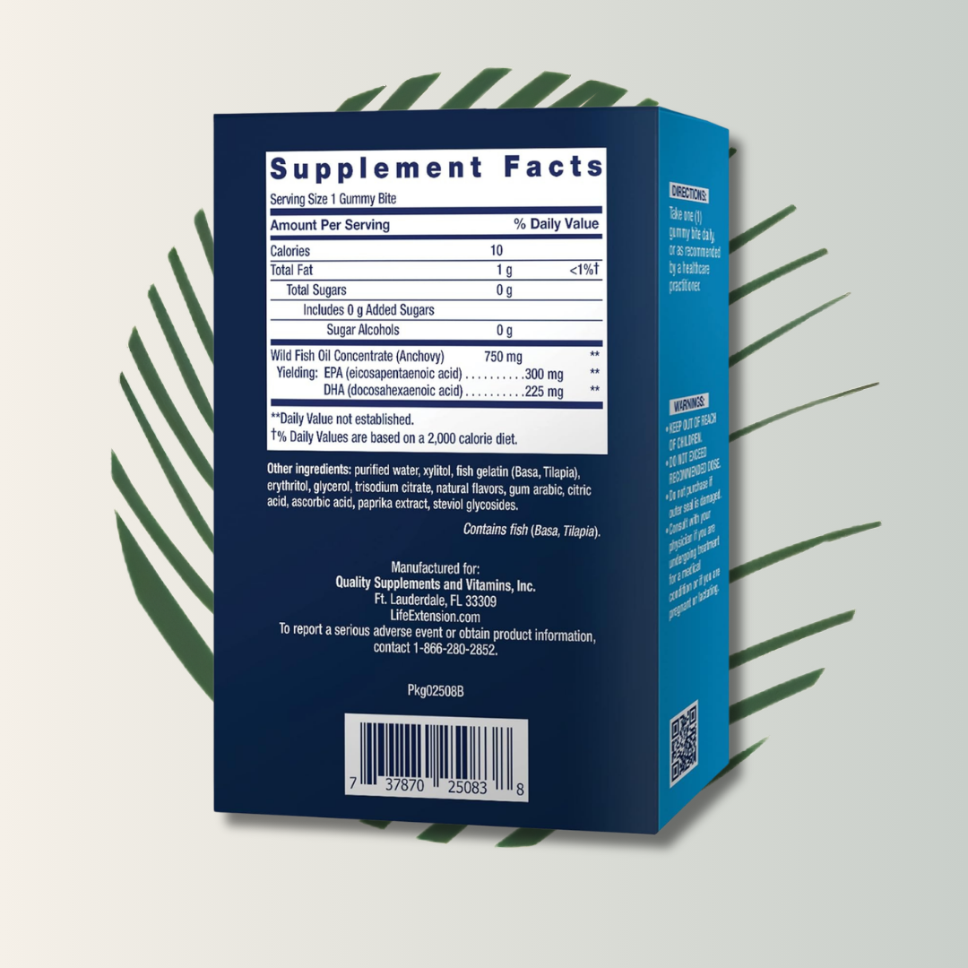 Omega 3 Fish Oil Life Extension - 36 Gummy Bites | Ácidos Grasos Esenciales | Sabor Delicioso | bhorganic