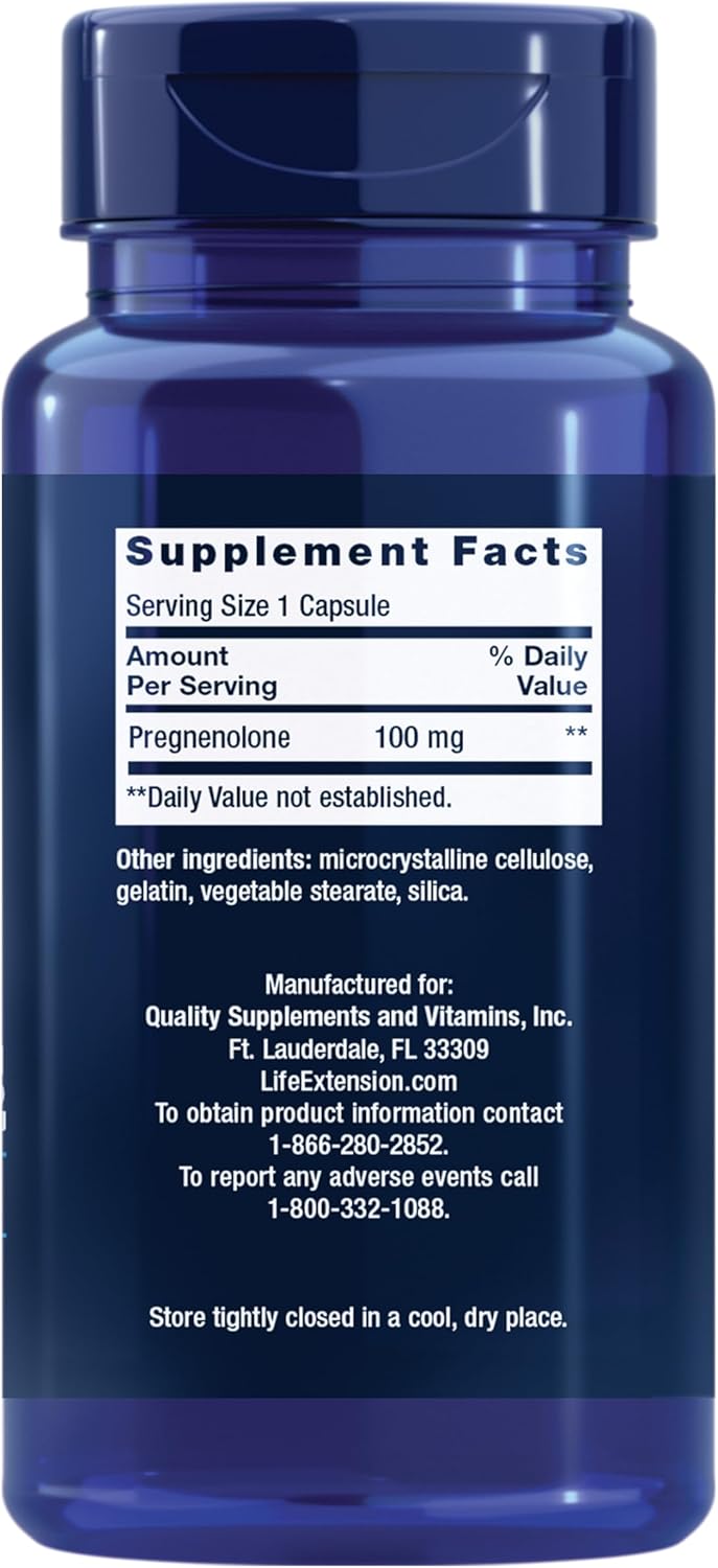 Pregnenolone 100mg Life Extension - 100 Cápsulas | Precursor Hormonal | Bienestar Cognitivo | bhorganic