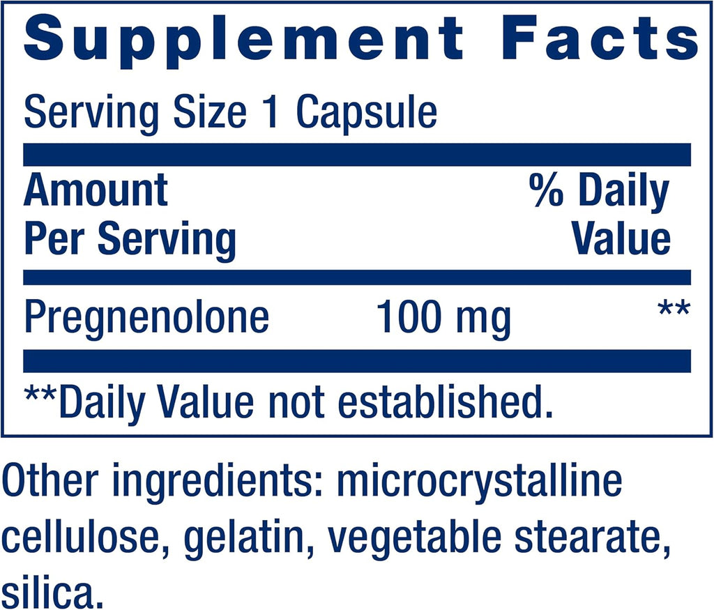 Pregnenolone 100mg Life Extension - 100 Cápsulas | Precursor Hormonal | Bienestar Cognitivo | bhorganic