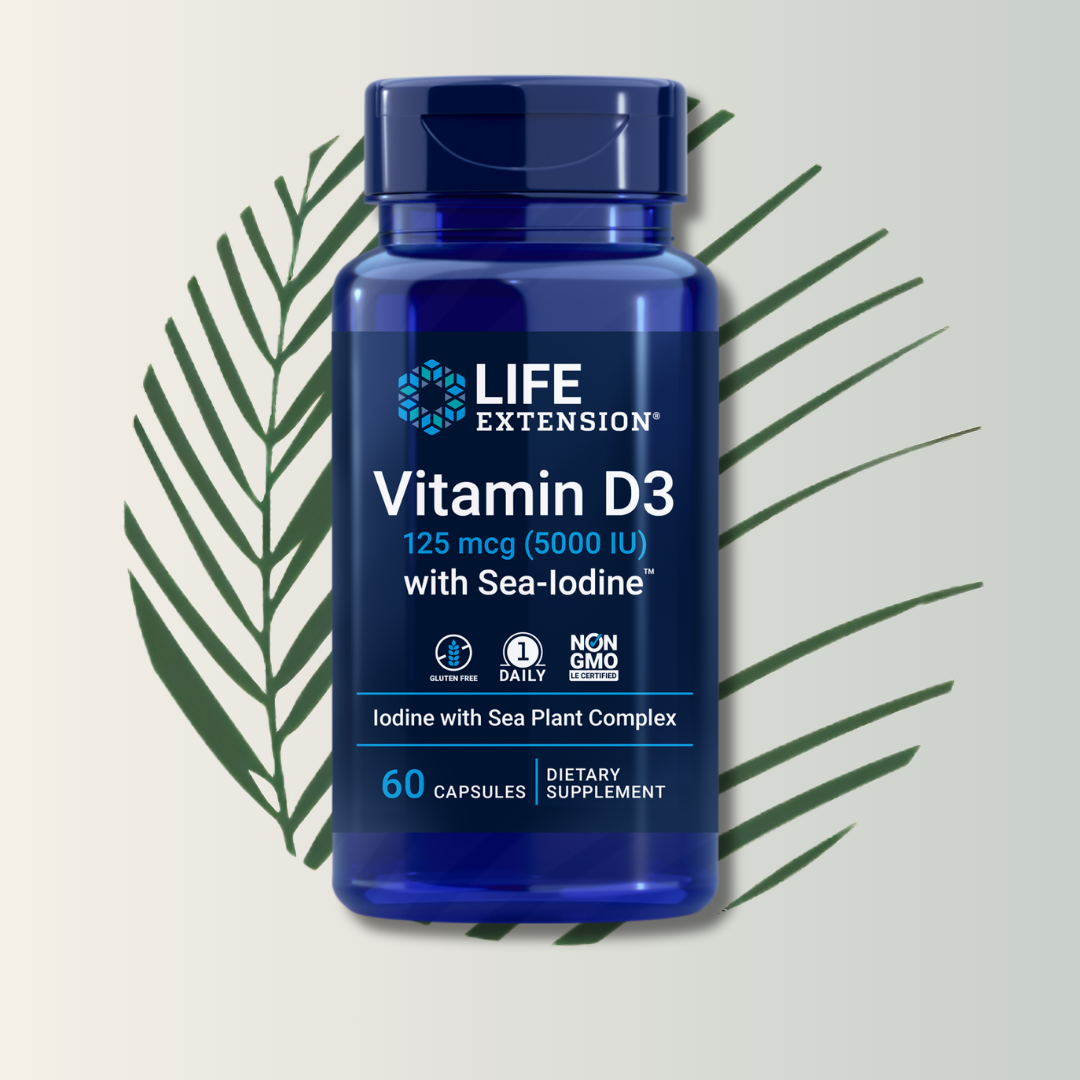 Vitamina D3 125 Mcg (5000 IU) con Sea Iodine – Life Extension (60 Cápsulas)