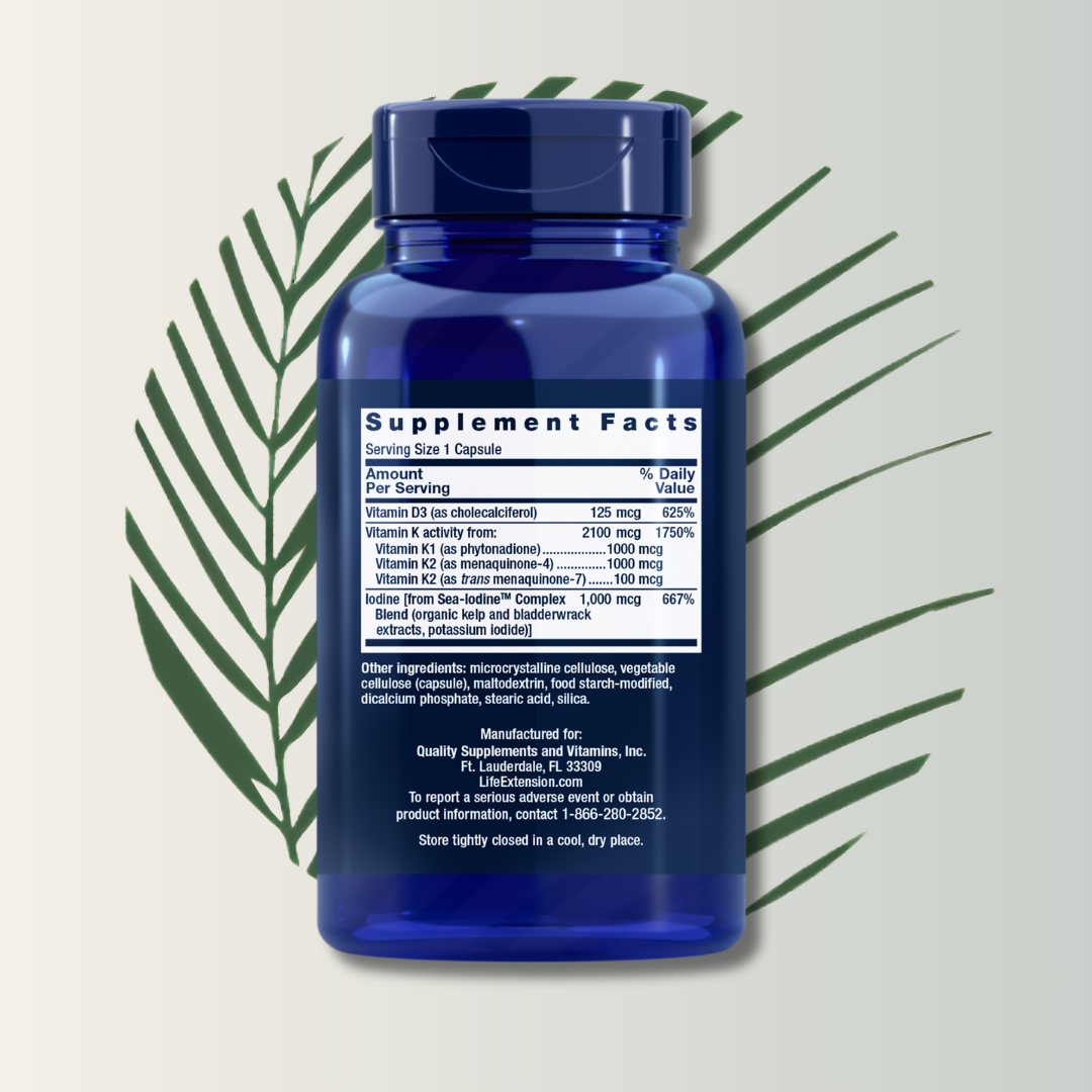 Vitamina D & K con Yodo Marino Life Extension - 60 Cápsulas | Salud Ósea | Inmunidad | bhorganic