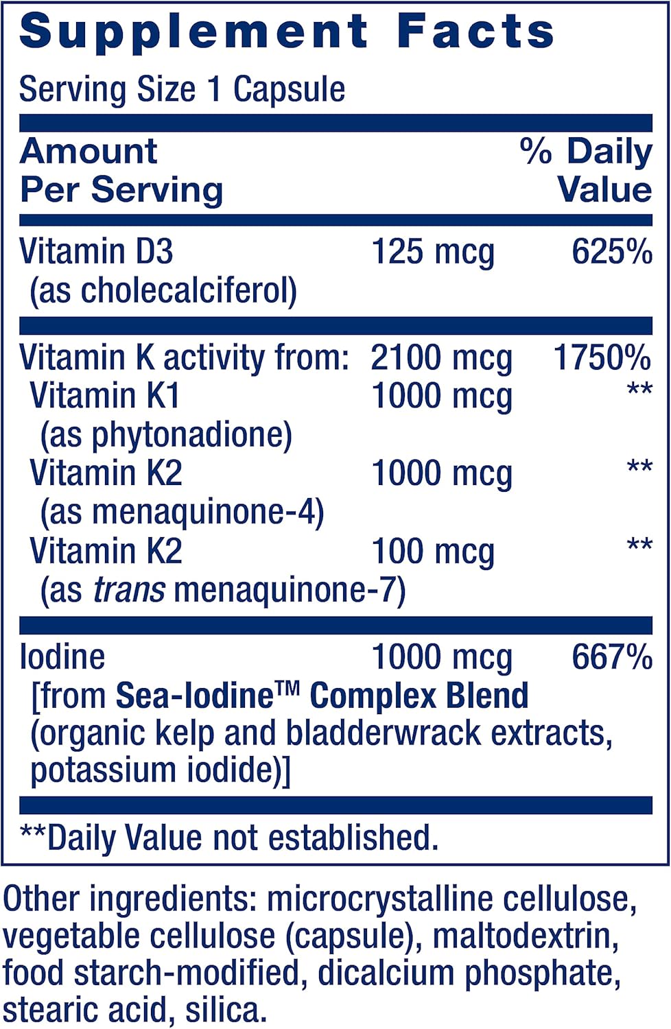 Vitamina D & K con Yodo Marino Life Extension - 60 Cápsulas | Salud Ósea | Inmunidad | bhorganic