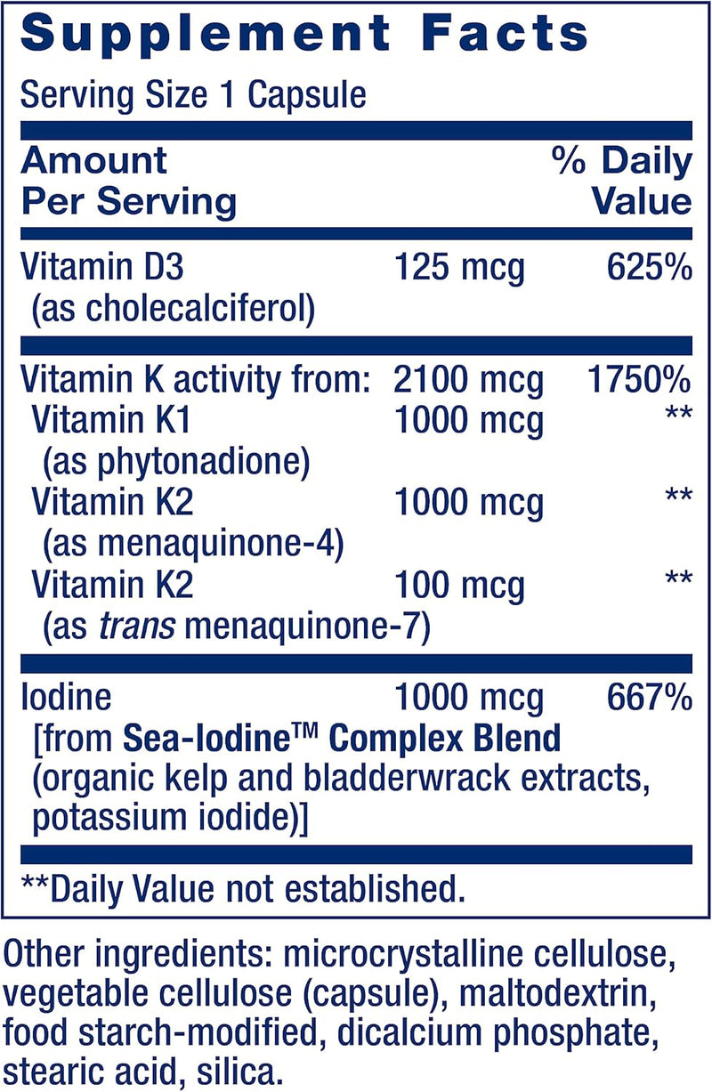 Vitamina D & K con Yodo Marino Life Extension - 90 Cápsulas | Salud Ósea | Inmunidad | bhorganic