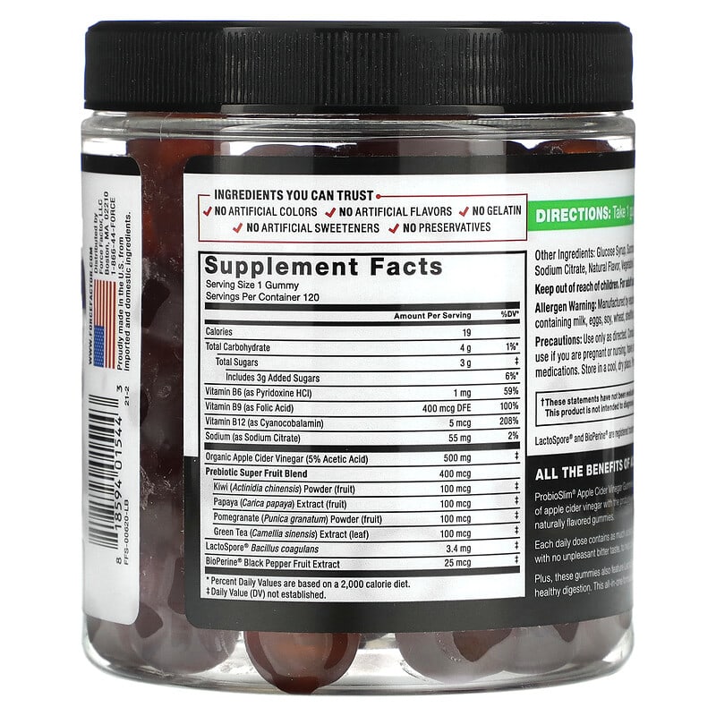 Probioslim Gomitas de Vinagre de Sidra de Manzana Force Factor - 120 Gomitas | Bienestar Digestivo | bhorganic