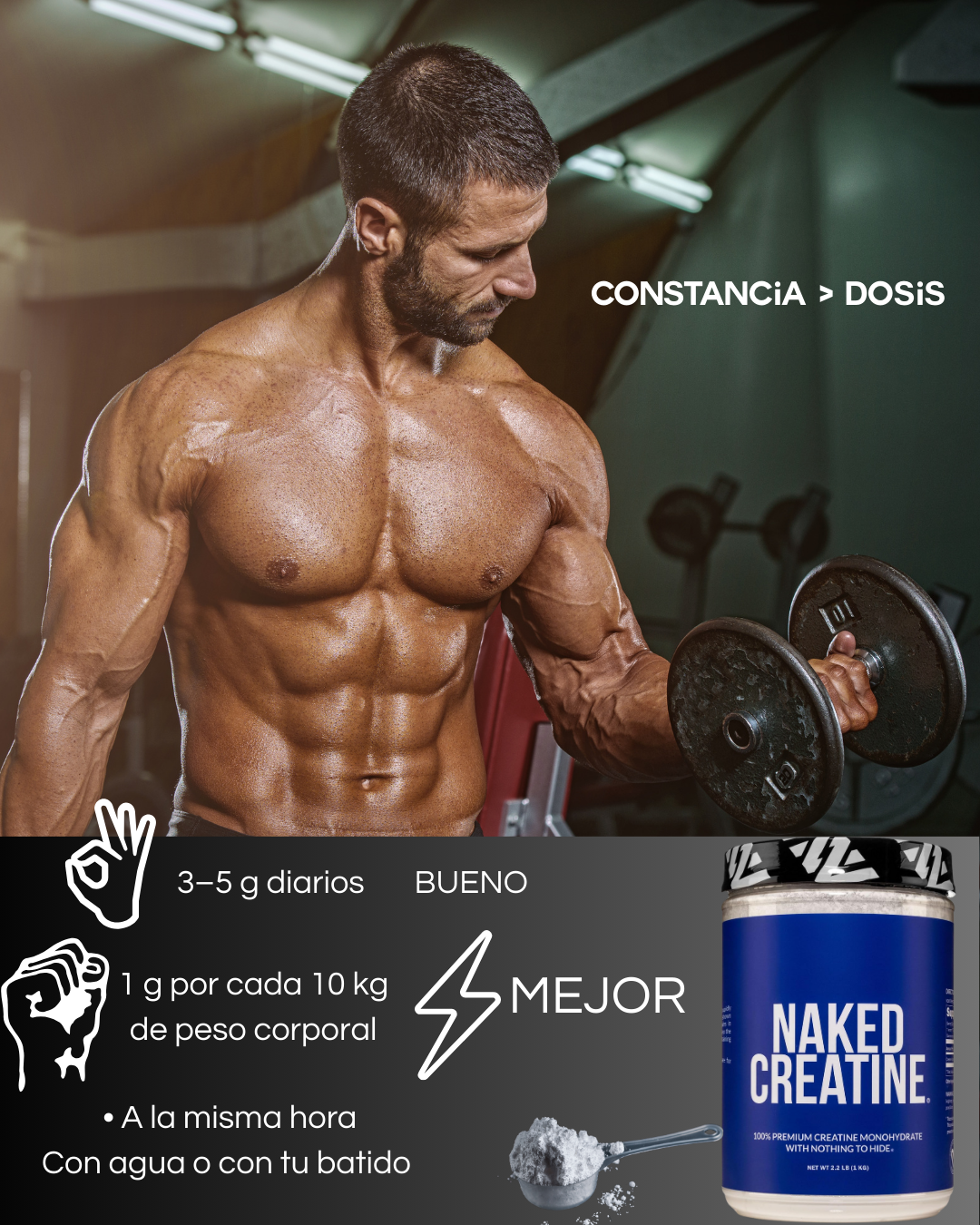 Naked Creatine Monohidrato Puro 1KG - 200 Porciones | Sin Sabores ni Aditivos | Máximo Rendimiento Deportivo | bhorganic