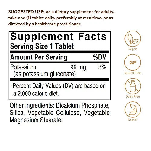Potasio Solgar Gluconato 99mg - 100 Tabletas | Electrolito Esencial | Función Muscular | bhorganic